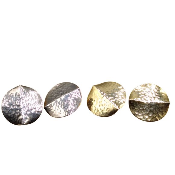 Vintage Hammered Disc Earrings Lot, Silver Tone and Gold Tone Brutalist Pinched - Picture 2 of 3